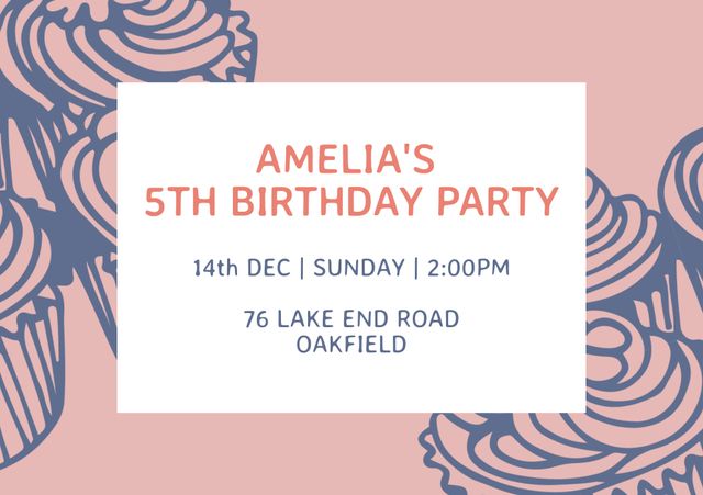 Use for birthday party invitations for young children, especially girls. Perfect for digital or printed invites. The cupcake design and pastel pink background make it visually appealing for a festive event.