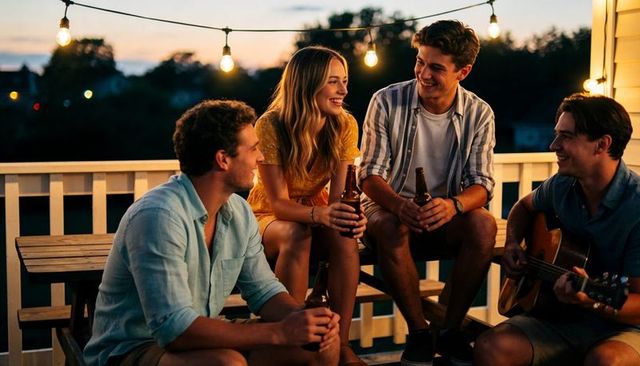Friends laughing and sitting on porch at dusk with string lights, beer and guitar