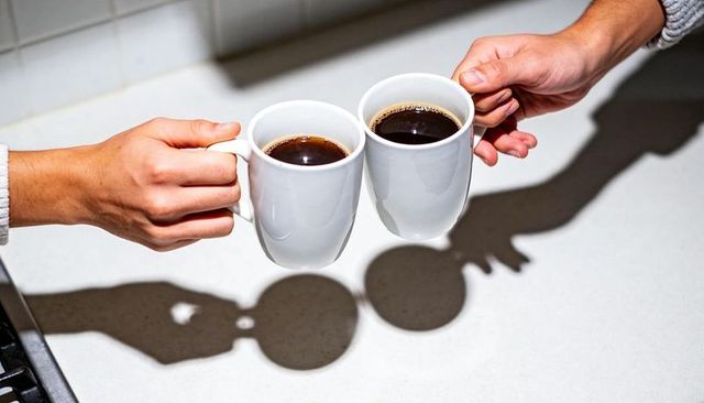 Toasting coffee mugs on kitchen counter sharing morning ritual and cozy friendship