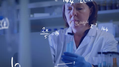 Scientist Holding Test Tubes with Mathematical Equations Overlay