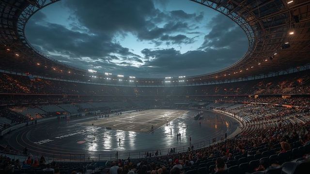 Stadium with illuminating floodlights and reflective wet track under open sky