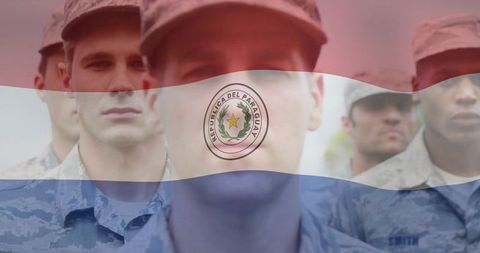 Standing military formation with Paraguay flag overlay and national crest for patriotism