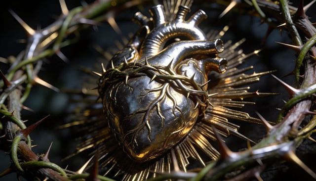 Golden anatomical heart crowned by thorn halo with radiant rays and dramatic lighting macro