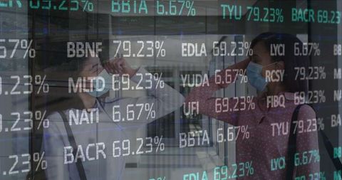 Businesswomen Wearing Masks Bumping Elbows at Transit Hub with Ticker Overlay