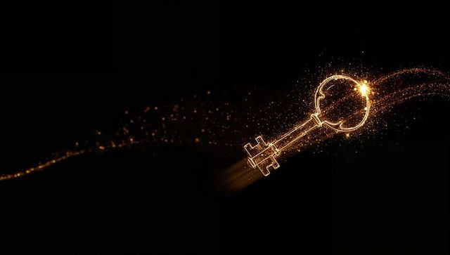 Golden spark key trail glowing ornate key with glittering particle stream over black
