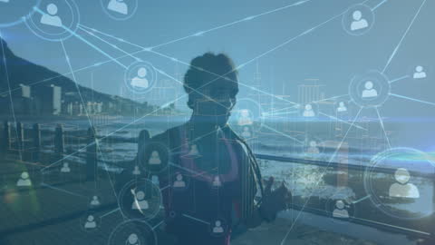 Woman Jogging with VR Headset and Digital Network Overlay