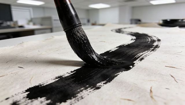 Sumi-e brush creating bold black s-curve stroke on handmade fibrous paper