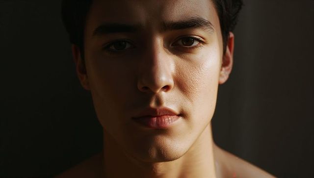 Young man gazing under dramatic side light closeup portrait emphasizing skin texture