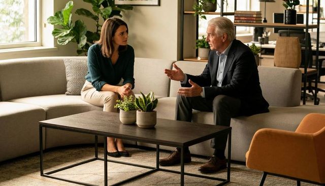 Senior executive mentoring young professional in contemporary office lounge