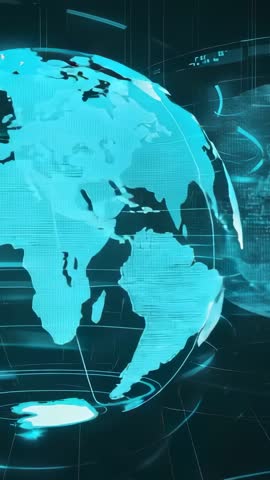 Rotating Holographic Globe Vertical Video with Pulsing Light Rings for Futuristic Tech