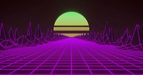 Retro futuristic grid landscape with grid and abstract 3d structures