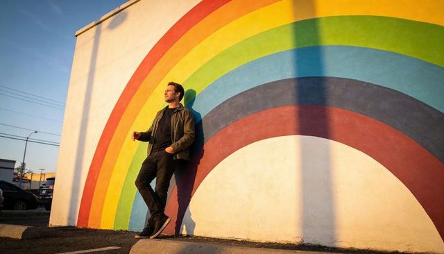 Man leaning against rainbow mural at sunset urban street portrait with vivid colors