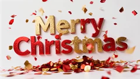 Shimmering gold and red confetti showering 3D Merry Christmas typography celebration