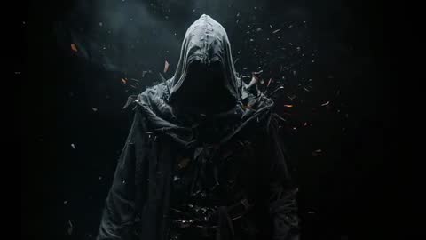 Mystical Hooded Figure with Embers in Smoky Void