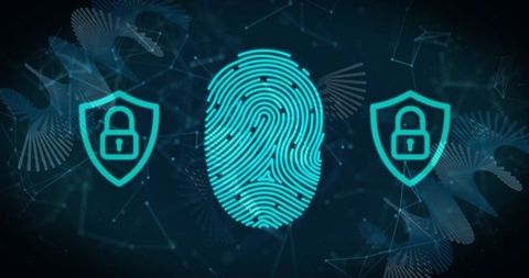 Cyan fingerprint unlocking secure network access with shield locks and digital biometrics
