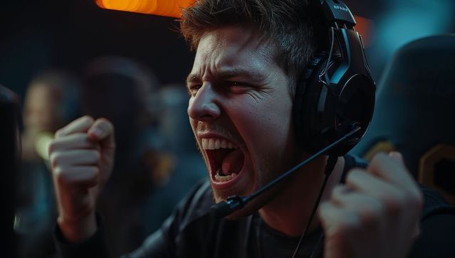 Male Gamer Celebrating Victory with Fist Pump in Esports Arena