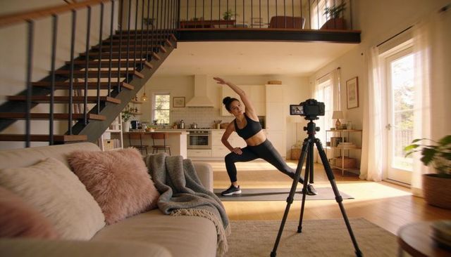 Fitness instructor recording home workout filming yoga stretch in sunlit living room