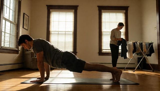 Man holding straight-arm plank on mat while partner folding laundry in sunlit living room