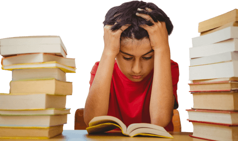 Transparent Background of Stressed Boy Surrounded by Books - Download Free Stock Videos Pikwizard.com