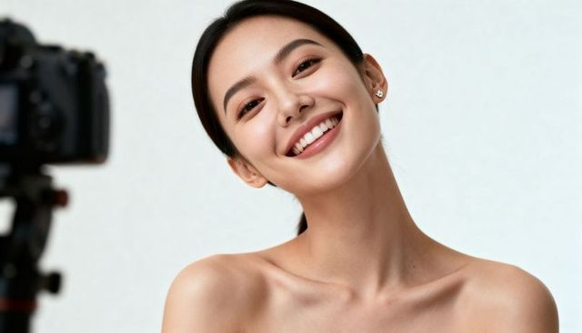 Radiant asian woman smiling with bare shoulders studio headshot for beauty and skincare