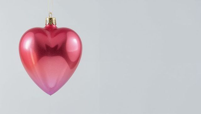 Hanging glossy heart ornament on gold string minimalist pink red metallic holiday decor