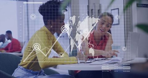 Women Collaborating in Office with Digital World Map Overlay