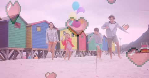 Joyful Family Run at Vibrant Beach Huts with Pixelated Hearts