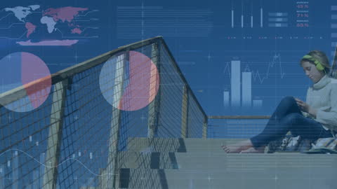 Woman Relaxing Outdoors with Headphones Amid Data Visualizations