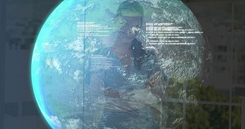 Futuristic business analyst interacting with holographic earth interface