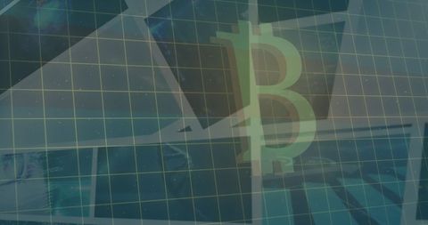 Bitcoin symbol with geometric shapes and digital grid