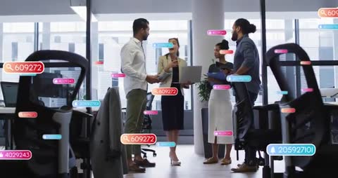 Team Collaborating Around Laptop with Data HUD Overlays Reviewing Analytics in Office