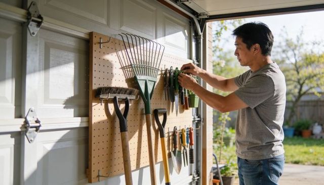 Man organizing gardening tools on garage pegboard in sunlit backyard