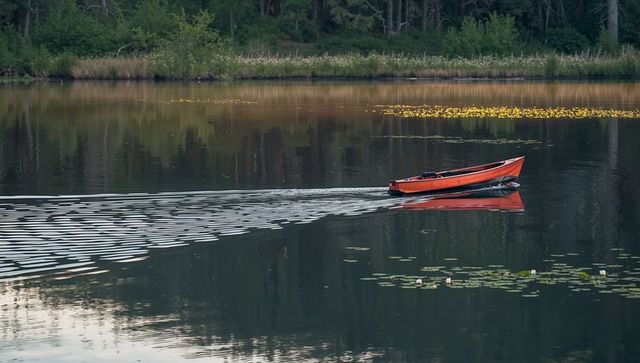 Red motorboat crossing calm lake leaving mirrored v-wake amid lily pads and forest shore