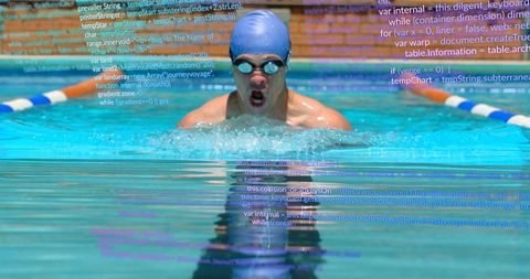 Male competitive swimmer powering breaststroke through turquoise lane with code overlay