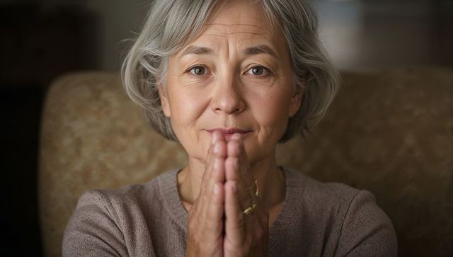 Senior woman practicing mindfulness with hands clasped near chin, calm contemplative close-up