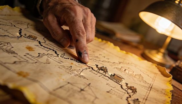 Explorer tracing desert caravan route on antique parchment map by brass lamp