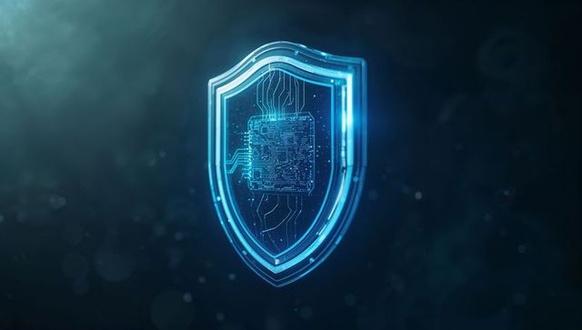 Glowing Circuitry Shield on Digital Interface Symbolizing Cybersecurity