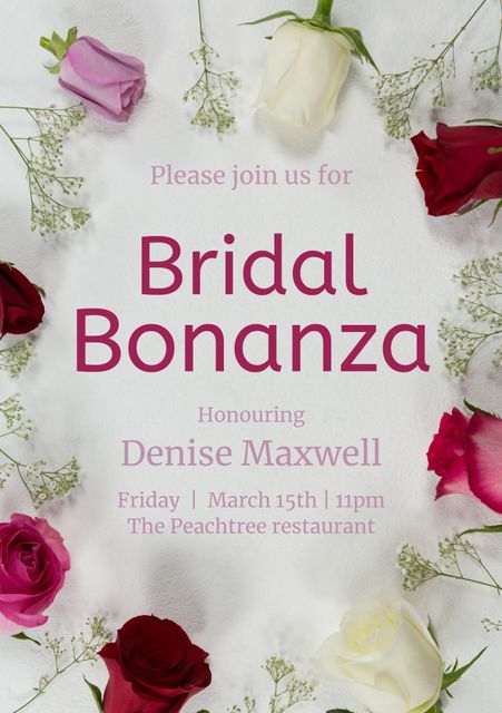 This elegant and beautifully designed bridal bonanza invitation features a backdrop of various colored roses and delicate light green foliage, inviting guests to a sophisticated event in honor of Denise Maxwell. Perfect for wedding planners, event hosts, and anyone organizing a bridal celebration, it can be used to send digital or printed invitations to guests, and conveys a sense of romance and elegance suitable for a special occasion.