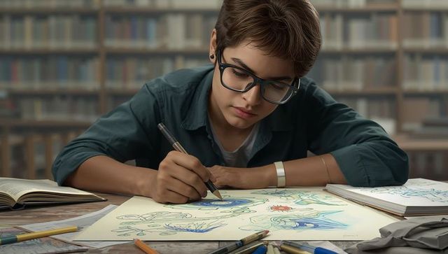 Teen artist inking botanical illustrations at library table, concentrating on fine details