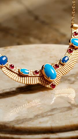 Showcasing rotating gold pendant with turquoise and ruby accents on polished marble