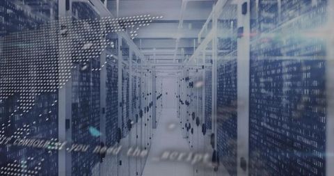Showing futuristic data center corridor with binary code overlay and glass server racks
