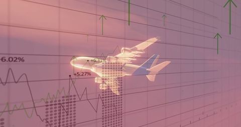 Airplane silhouette with financial growth chart overlay