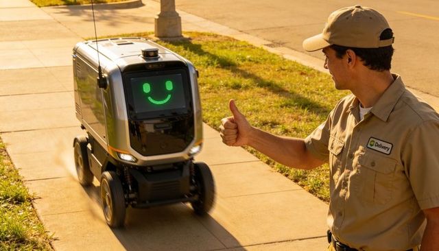 Autonomous delivery robot cruising suburban sidewalk, courier in tan uniform giving thumbs-up