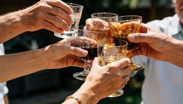 Senior friends toasting with stemmed glasses in sunlit backyard celebration
