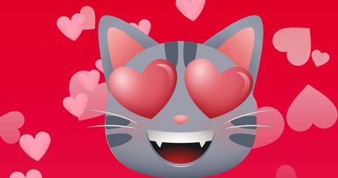 Heart-eyed cat emoticon with floating hearts on red background