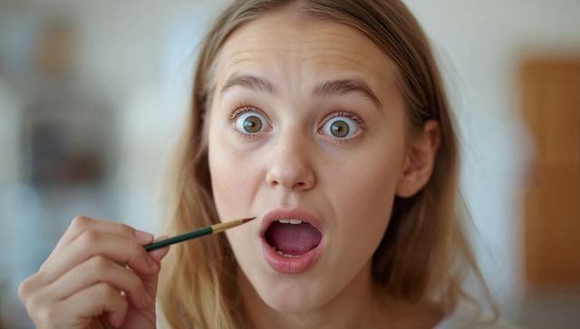 Teenage girl holding paintbrush and looking surprised closeup portrait bright interior
