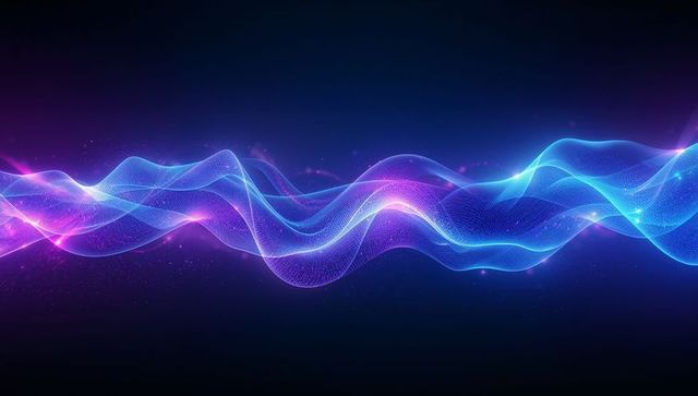 Flowing neon wave ribbons glowing with particle mesh for futuristic abstract background