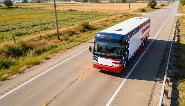 American-flag coach traveling on rural two-lane highway with farmland and sunlight