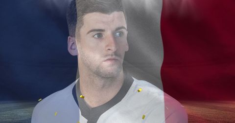 Confident Rugby Player with French Flag and Golden Confetti Overlay