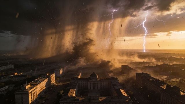 Towering storm cell unleashing lightning and torrential rain over domed government building